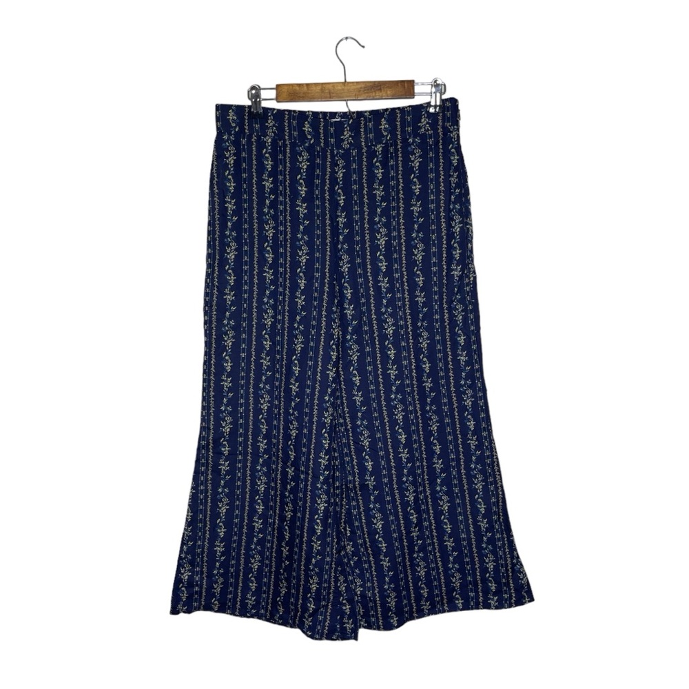 Anthropologie Feather Bone Blue Floral Wide Leg Pull On Pants Fall Office Stripe
